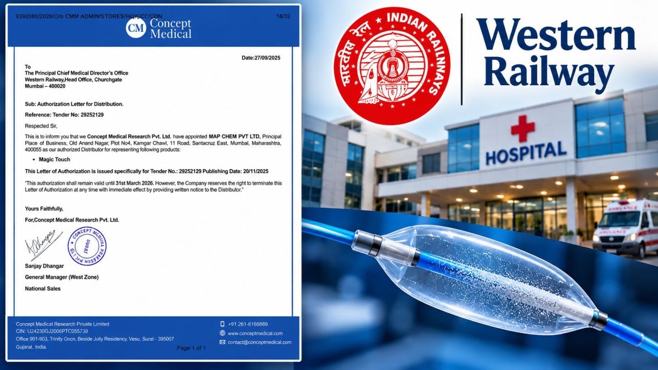 वेस्टर्न रेलवे में अधिकारियों और सप्लायर की कथित मिलीभगत!  इम्पोर्टेड ड्रग कोटेड बैलून के नाम पर सप्लाई किया लोकल कंपनी का मेडिकल डिवाइस,फर्जी OEM सर्टिफिकेट के सहारे हासिल किया लाखों का टेंडर! रेलवे को करीब ₹22,79,970 का नुकसान !
