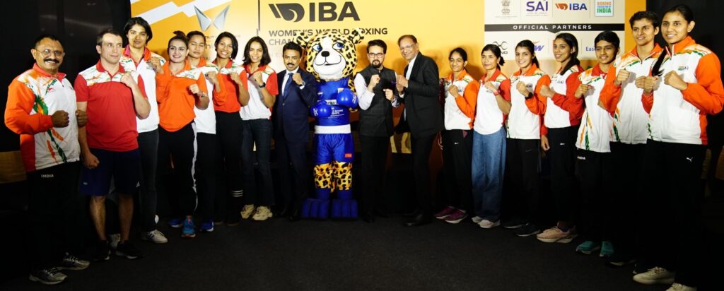 Sports-Minister-Anurag-Thakur-and-BFI-President-Ajay-Singh-centre-with-the-World-Championships-mascot-Veera-and-Indian-squad-during-a-press-conference-in-New-Delhi-on-Friday.-scaled