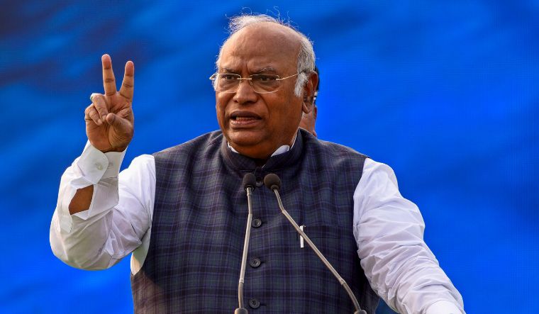 Congress President Mallikarjun Kharge addresses the gathering du